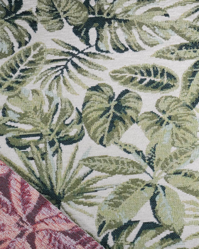 Tissu Jacquard Ameublement Ecru Motif Feuillage Vert - Mercerine