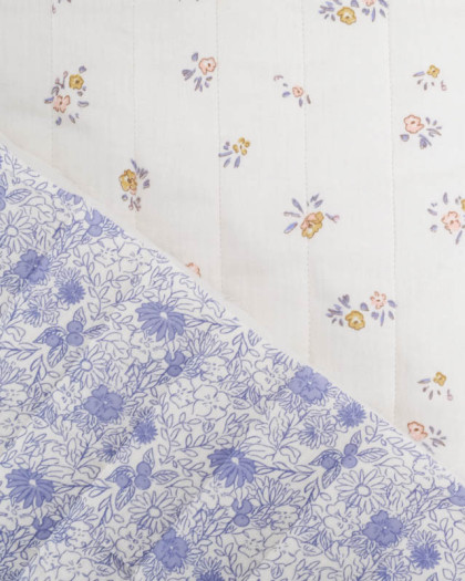 Tissu Matelassé Double Gaze Ecru Fleuri Bleu - Mercerine