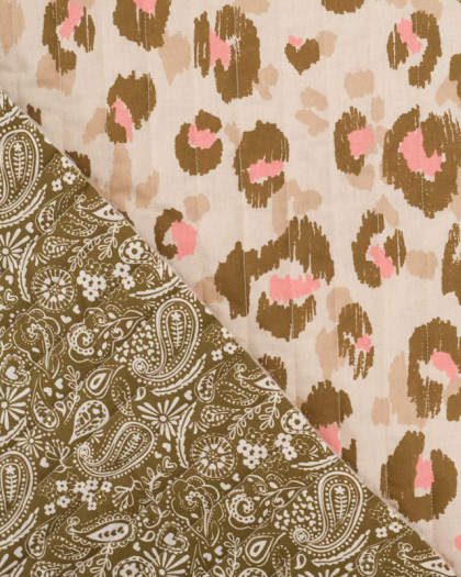 Tissu Matelassé Double Face Léopard Beige Kaki Rose - Mercerine