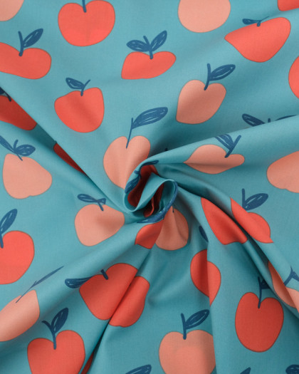 Tissu Coton Turquoise Motif Pêche - Poppy - Mercerine