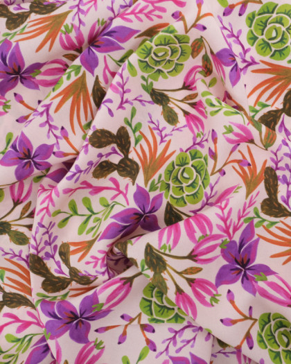 Tissu Viscose Eco Vero Digital Nude Motif Fleuri Framboise et Vert - Mercerine