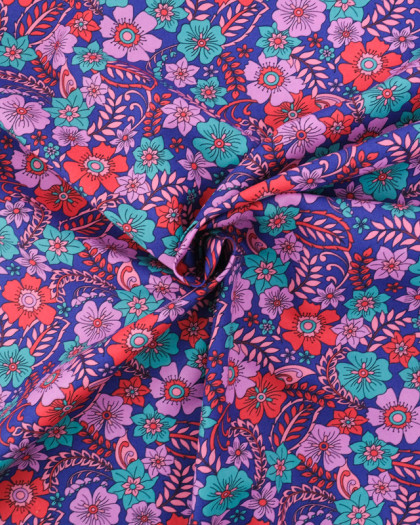 Tissu Coton Bleu Roi Motif Fleuri Parme et Bleu - Mercerine