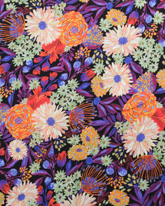 Tissu Viscose Eco Vero Digital Noir Fleur Multicolore - Mercerine