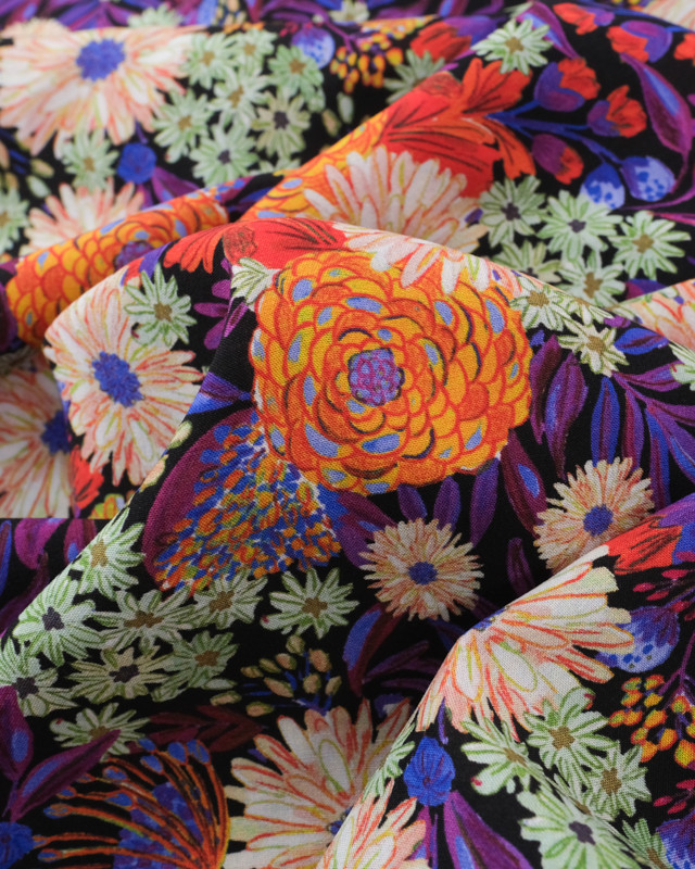 Tissu Viscose Eco Vero Digital Noir Fleur Multicolore - Mercerine
