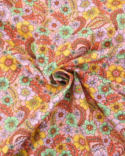 Tissu Coton Nude Motif Fleuri Lilas et Menthe - Mercerine