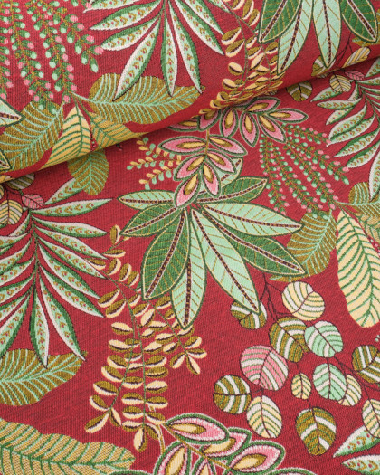Tissu Jacquard Ameublement Feuillage Rouge - Mercerine