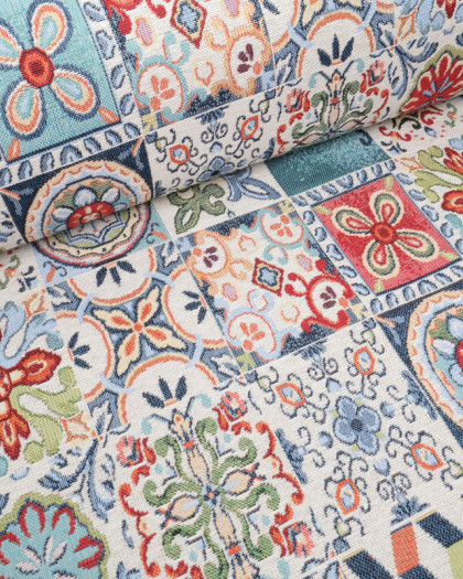 Tissu Jacquard Ameublement Carreaux de Ciment Fond Ecru - Mercerine