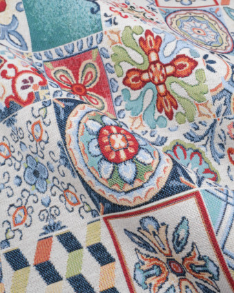 Tissu Jacquard Ameublement Carreaux de Ciment Fond Ecru - Mercerine