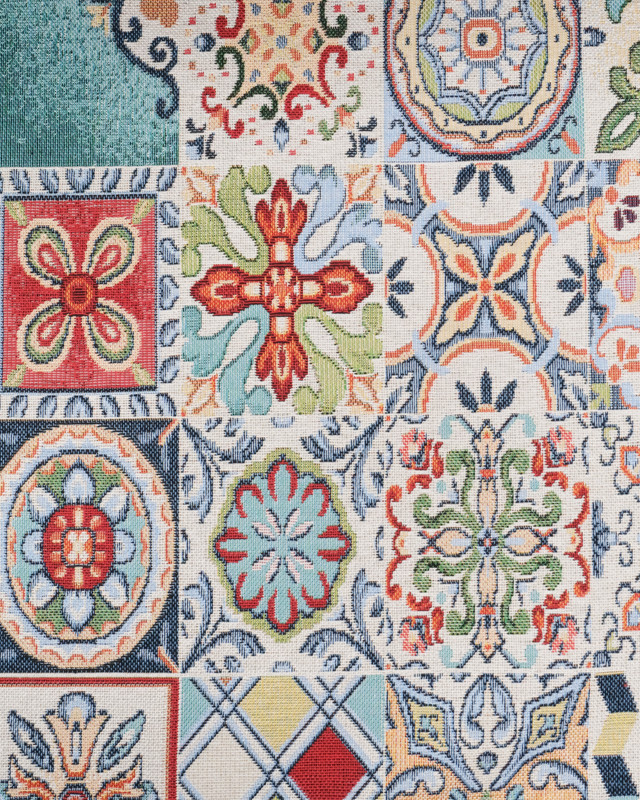 Tissu Jacquard Ameublement Carreaux de Ciment Fond Ecru - Mercerine