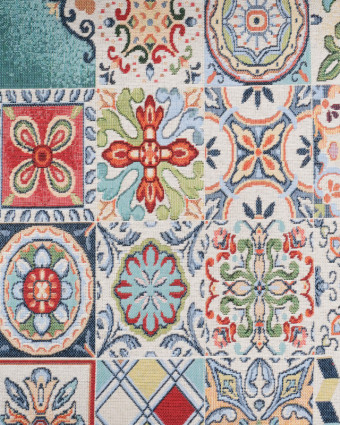 Tissu Jacquard Ameublement Carreaux de Ciment Fond Ecru - Mercerine