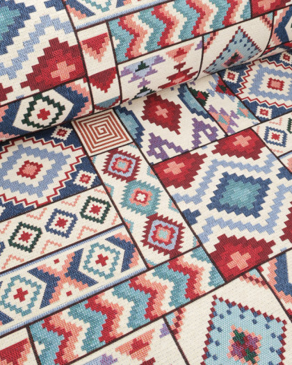Tissu Jacquard Ameublement Motif Aztèque Bleu et Rouge - Mercerine