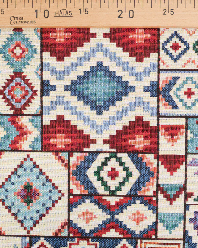 Tissu Jacquard Ameublement Motif Aztèque Bleu et Rouge - Mercerine