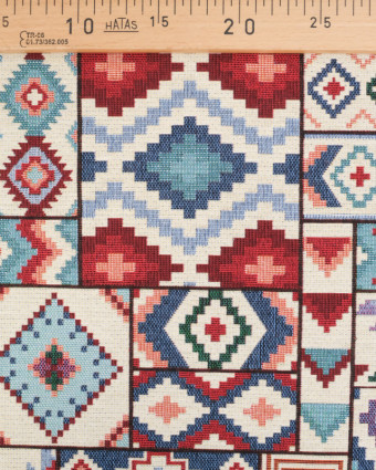 Tissu Jacquard Ameublement Motif Aztèque Bleu et Rouge - Mercerine