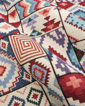 Tissu Jacquard Ameublement Motif Aztèque Bleu et Rouge - Mercerine