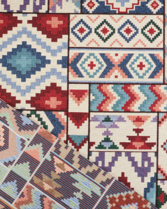 Tissu Jacquard Ameublement Motif Aztèque Bleu et Rouge - Mercerine