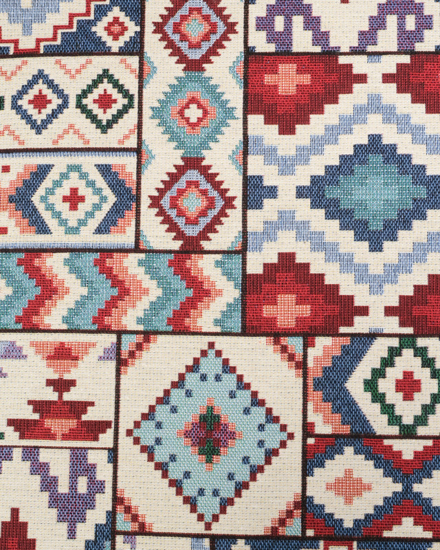 Tissu Jacquard Ameublement Motif Aztèque Bleu et Rouge - Mercerine