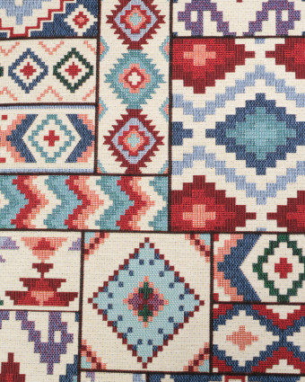 Tissu Jacquard Ameublement Motif Aztèque Bleu et Rouge - Mercerine
