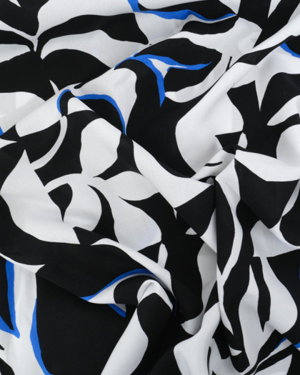 Tissu Viscose Eco Vero Motif Abstrait Noir Blanc et Bleu - Mercerine