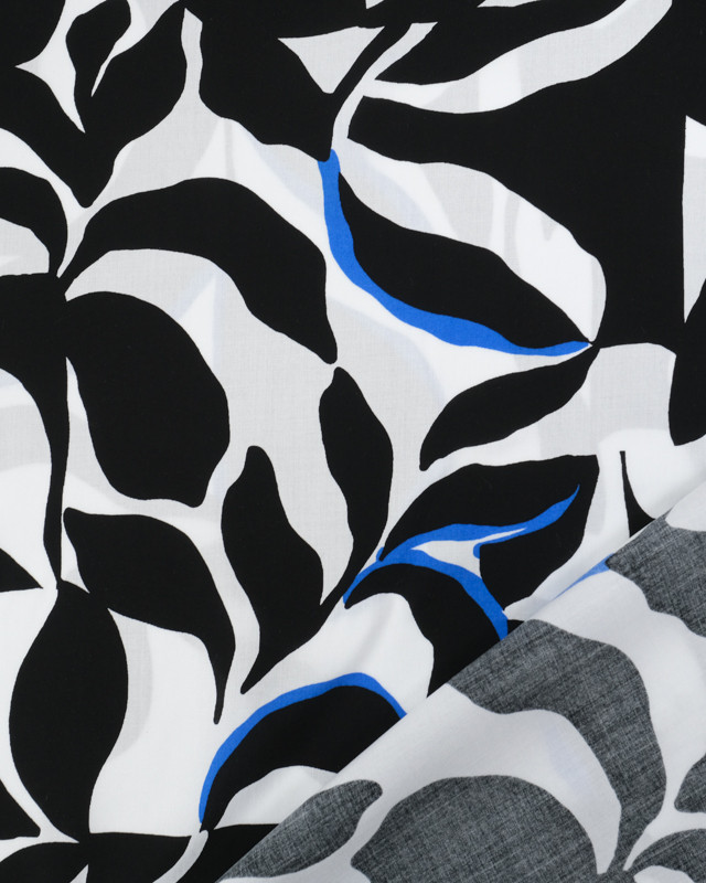 Tissu Viscose Eco Vero Motif Abstrait Noir Blanc et Bleu - Mercerine