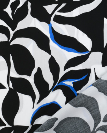 Tissu Viscose Eco Vero Motif Abstrait Noir Blanc et Bleu - Mercerine