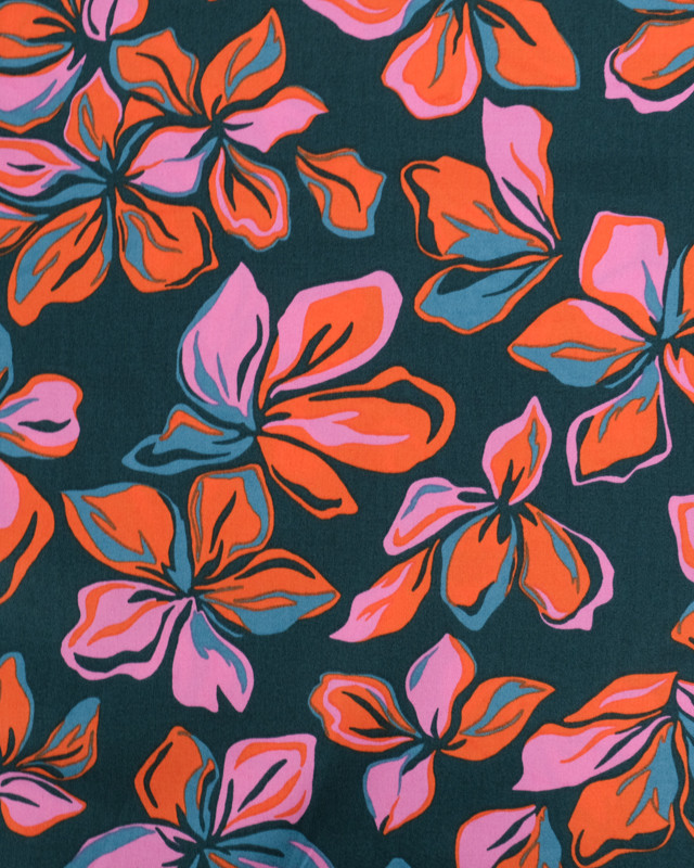 Satin de Coton Fleuri Fond Vert Motif Orange - Mercerine
