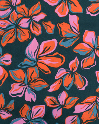 Satin de Coton Fleuri Fond Vert Motif Orange - Mercerine