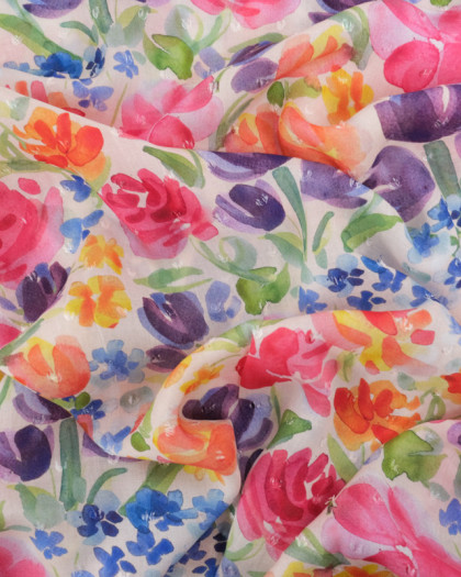 Voile de Viscose Digital Fleuri Multicolore Plumetis - Mercerine