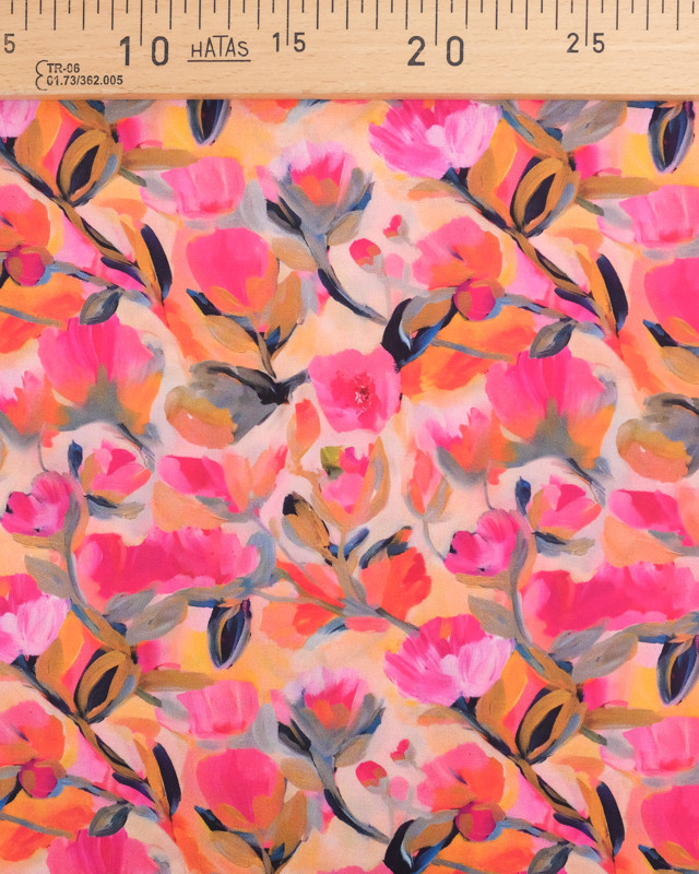 Tissu Viscose Eco Vero Digital Motif Fleuri Orange et Rose - Mercerine