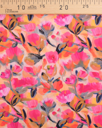 Tissu Viscose Eco Vero Digital Motif Fleuri Orange et Rose - Mercerine