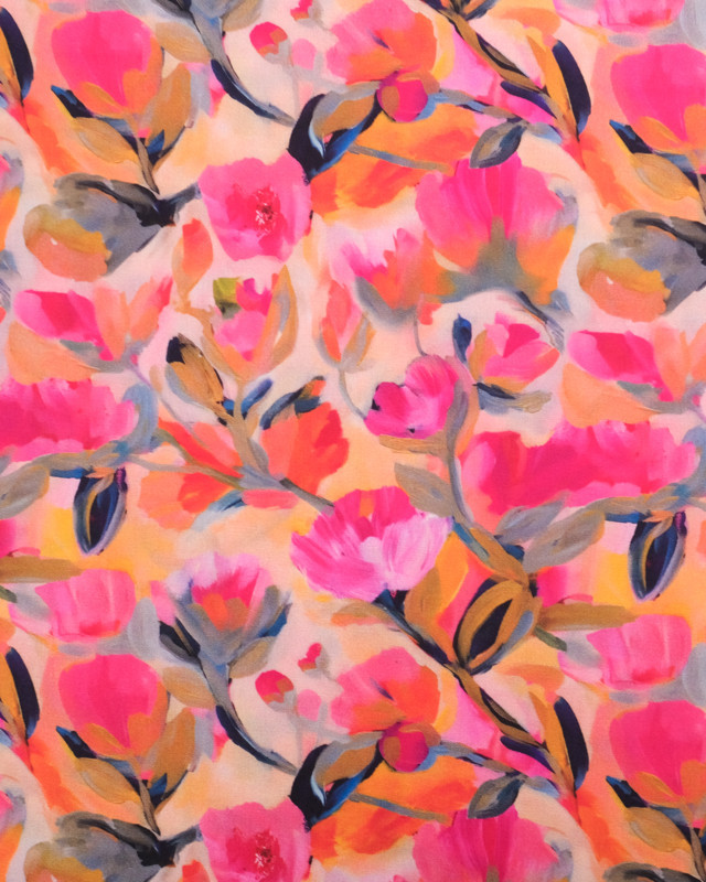 Tissu Viscose Eco Vero Digital Motif Fleuri Orange et Rose - Mercerine