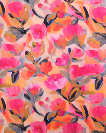 Tissu Viscose Eco Vero Digital Motif Fleuri Orange et Rose - Mercerine