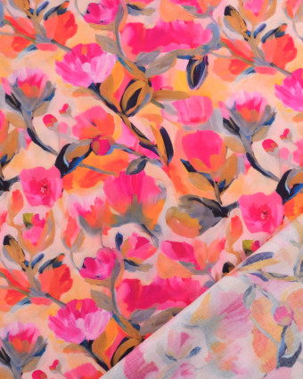 Tissu Viscose Eco Vero Digital Motif Fleuri Orange et Rose - Mercerine