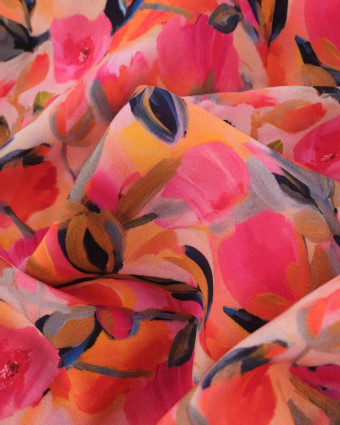 Tissu Viscose Eco Vero Digital Motif Fleuri Orange et Rose - Mercerine