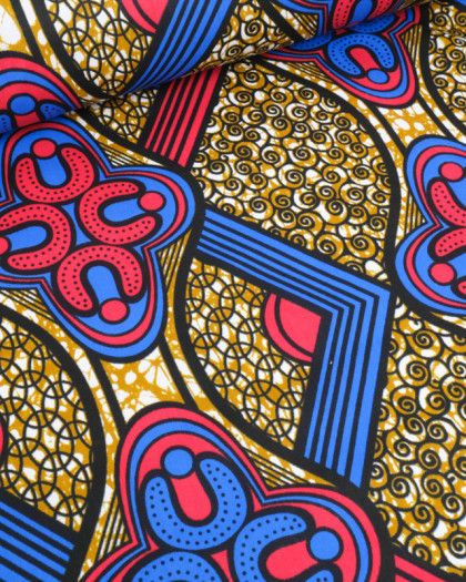 Tissu Wax Ocre Motif Bleu et Rouge - Mercerine