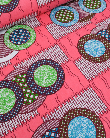 Tissu Wax Rose Motif Bleu et Vert - Mercerine