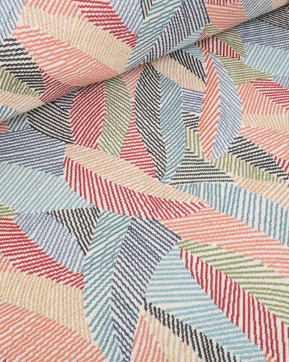 Tissu Jacquard Ameublement Feuilles Multicolores Fond Ecru - Mercerine