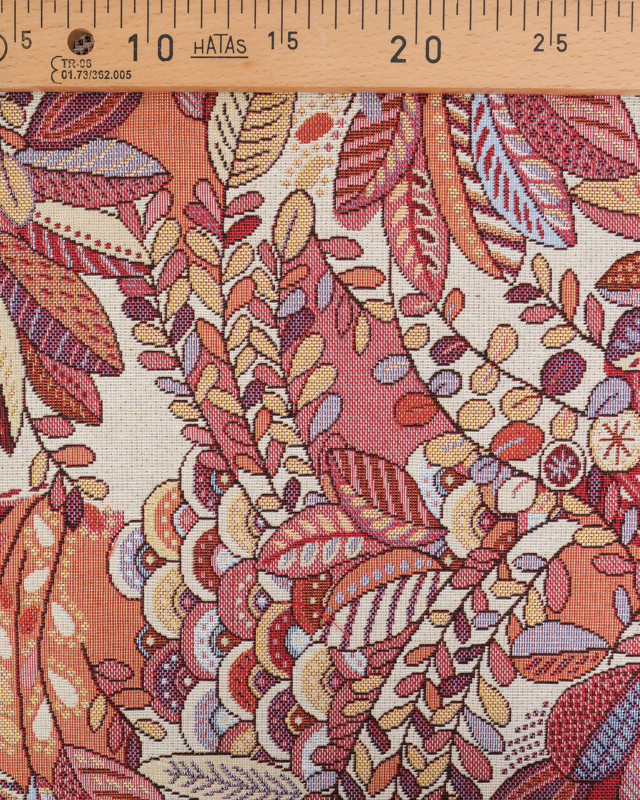 Tissu Jacquard Ameublement Feuillage Tropical Rose et Rouge - Mercerine