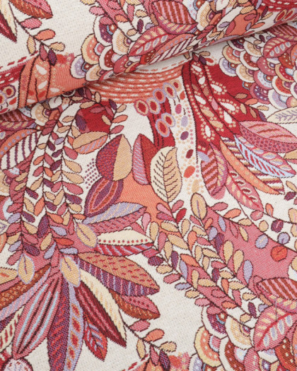 Tissu Jacquard Ameublement Feuillage Tropical Rose et Rouge - Mercerine