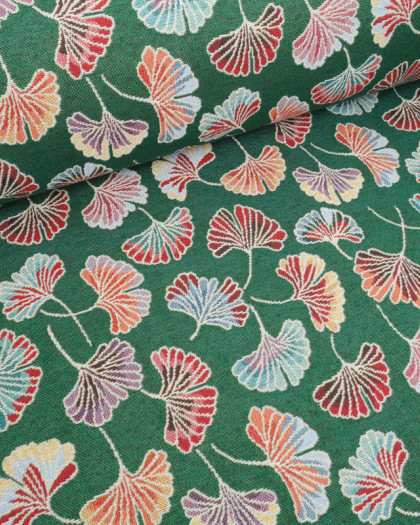 Tissu Jacquard Ameublement Motif Ginkgo Coloré Fond Vert - Mercerine