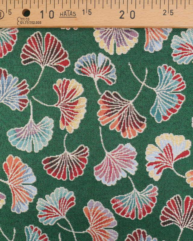 Tissu Jacquard Ameublement Motif Ginkgo Coloré Fond Vert - Mercerine