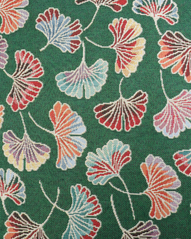 Tissu Jacquard Ameublement Motif Ginkgo Coloré Fond Vert - Mercerine