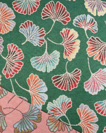 Tissu Jacquard Ameublement Motif Ginkgo Coloré Fond Vert - Mercerine