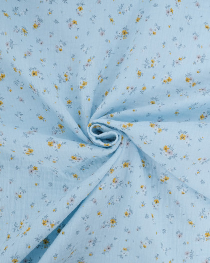 Double Gaze Impression Digitale Bleu Ciel Petites Fleurs Jaunes - Mercerine