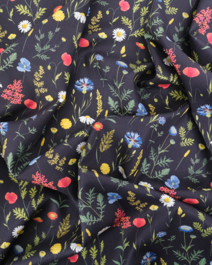 Viscose Sanforisée Noire Motif Fleuri Coloré - Mercerine