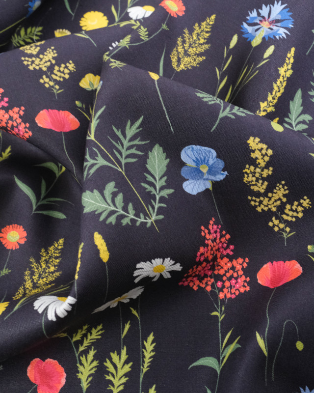Viscose Sanforisée Noire Motif Fleuri Coloré - Mercerine