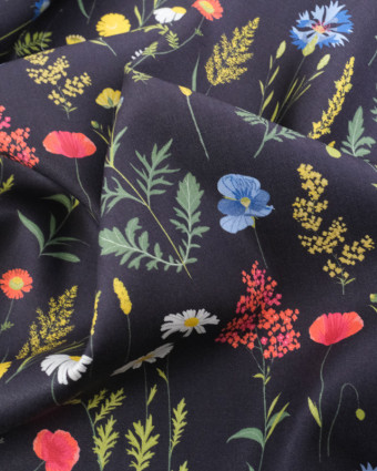 Viscose Sanforisée Noire Motif Fleuri Coloré - Mercerine