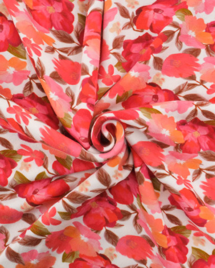 Tissu Sweat Fleurs Pavot Rouge Orange Envers Doudou - Mercerine