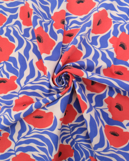 Tissu Jersey de Coton Coquelicot Rouge et Bleu - Mercerine