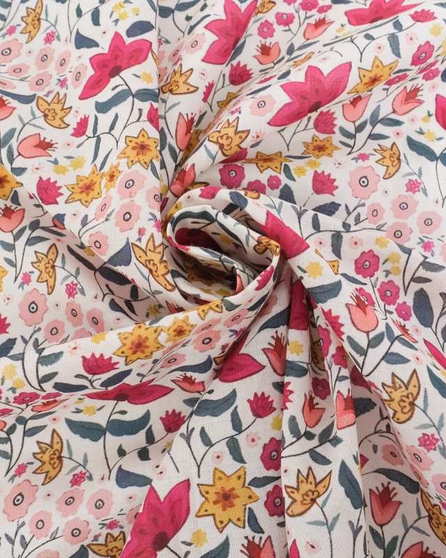 Voile de Coton Mila Suzie Rose Fond Ecru