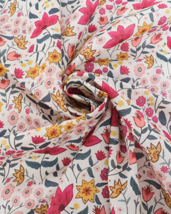 Voile de Coton Mila Suzie Rose Fond Ecru